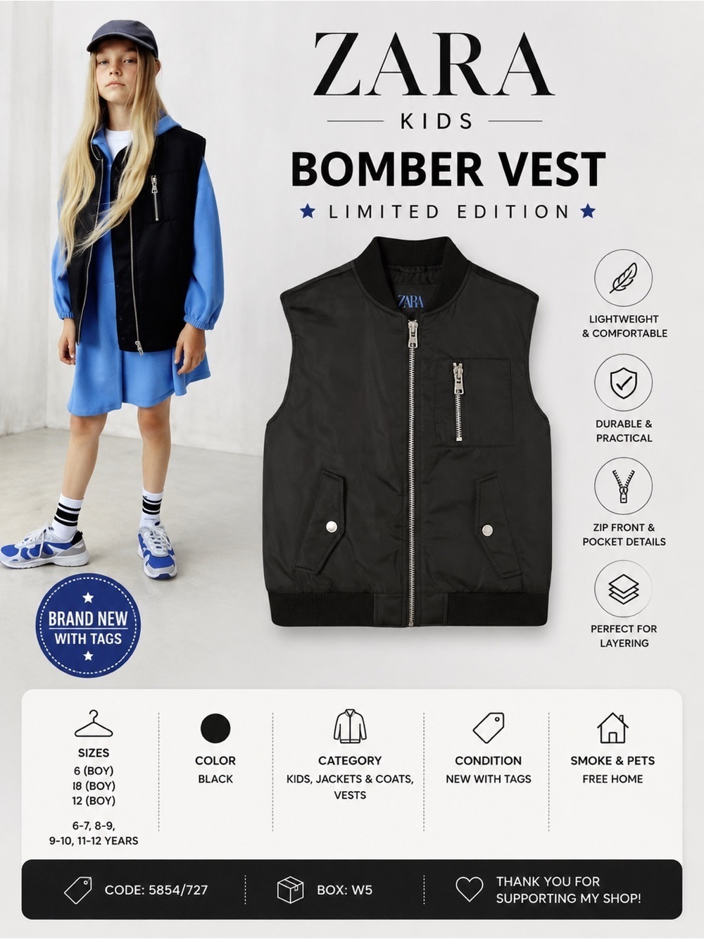 Zara Kids Black Bomber Vest Limited Edition Sizes 6-12Y NWT Zip Front Vest